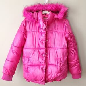 JUSTICE Girls Hot Pink Winter Hooded Puffer Jacket 12 14 Bubblegum Warm Cozy